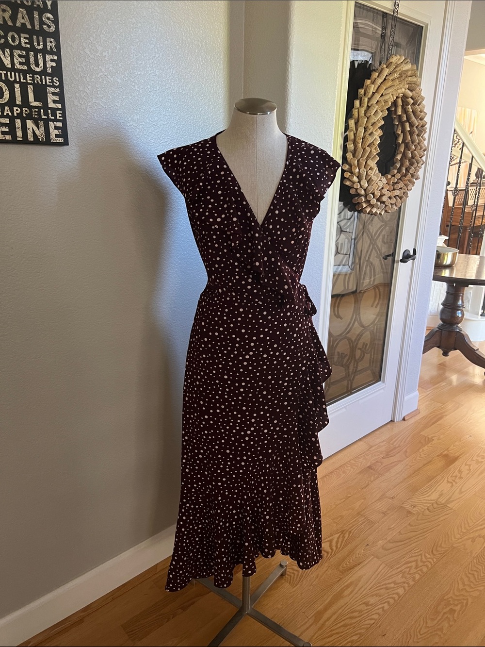 Polka Dot Wrap Midi Dress in Burgundy
